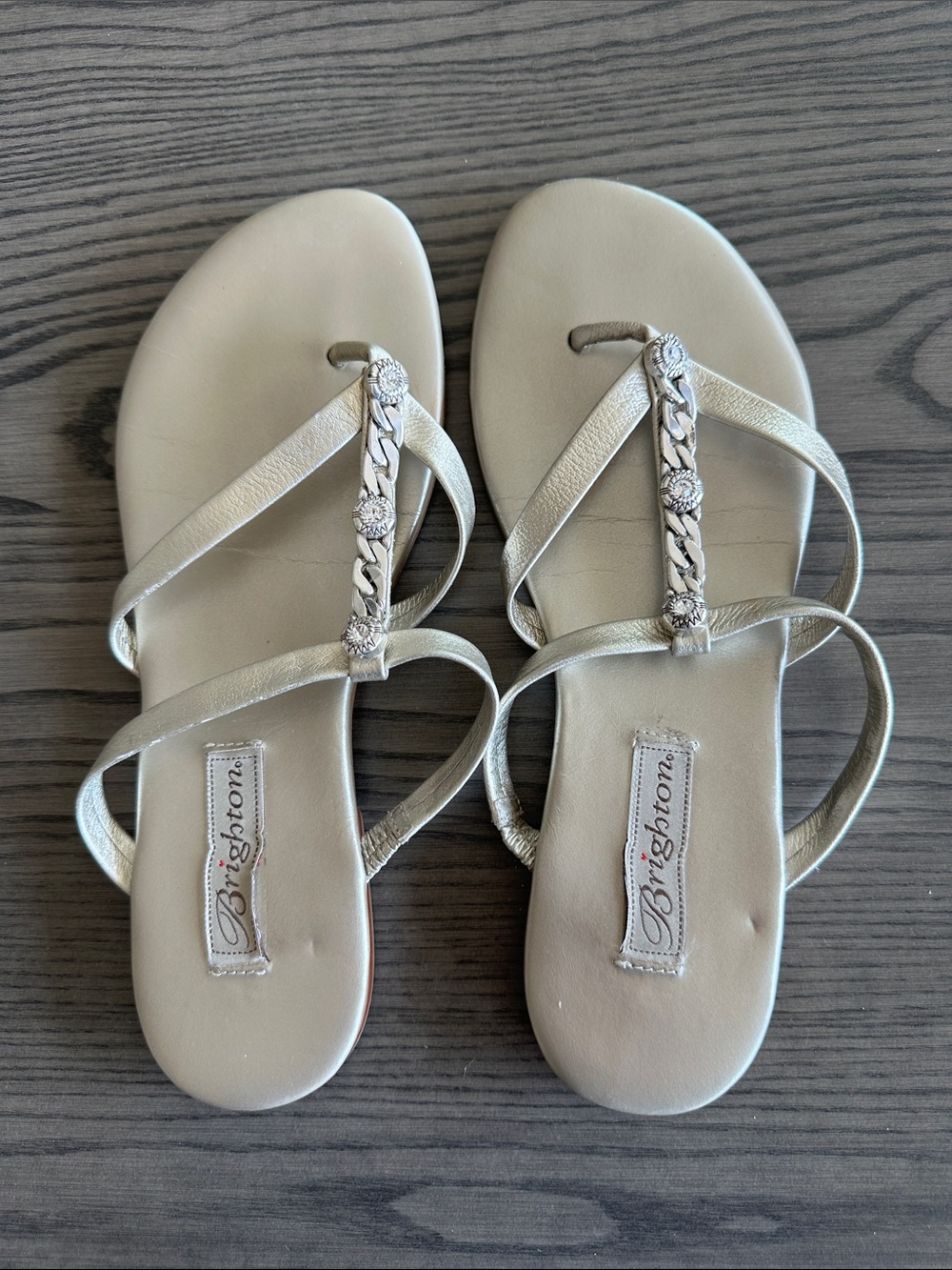 Brighton Champagne Metallic T-Strap Jeweled Sandals - Women's